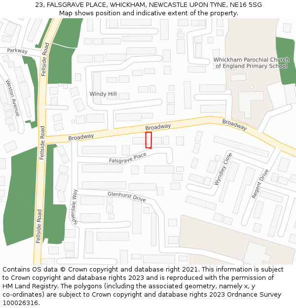 23, FALSGRAVE PLACE, WHICKHAM, NEWCASTLE UPON TYNE, NE16 5SG: Location map and indicative extent of plot