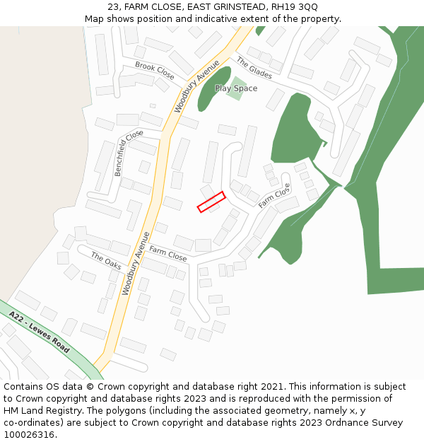 23, FARM CLOSE, EAST GRINSTEAD, RH19 3QQ: Location map and indicative extent of plot