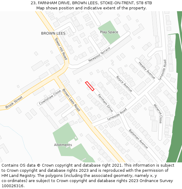 23, FARNHAM DRIVE, BROWN LEES, STOKE-ON-TRENT, ST8 6TB: Location map and indicative extent of plot