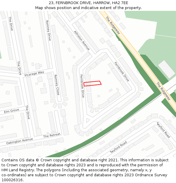 23, FERNBROOK DRIVE, HARROW, HA2 7EE: Location map and indicative extent of plot