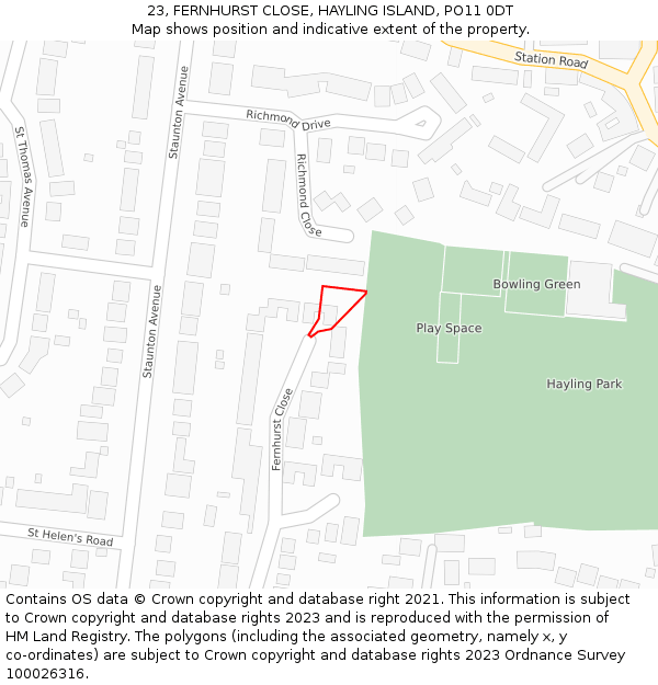 23, FERNHURST CLOSE, HAYLING ISLAND, PO11 0DT: Location map and indicative extent of plot