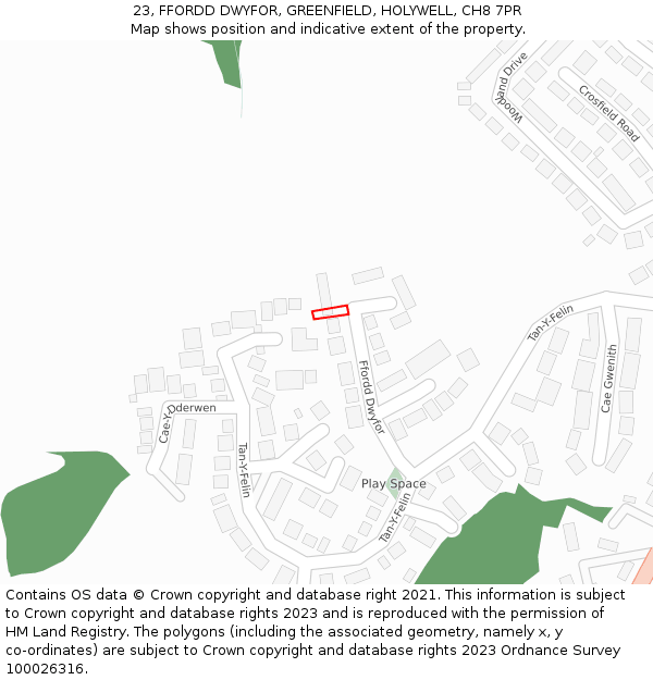 23, FFORDD DWYFOR, GREENFIELD, HOLYWELL, CH8 7PR: Location map and indicative extent of plot