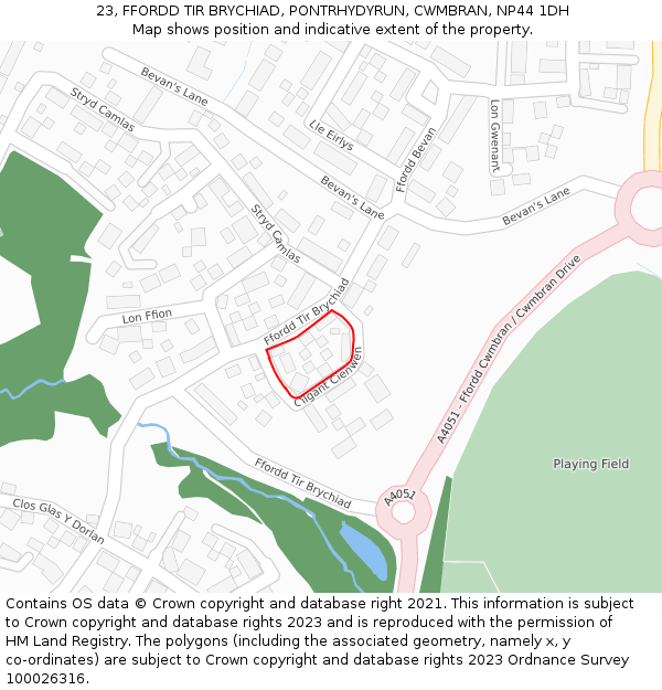 23, FFORDD TIR BRYCHIAD, PONTRHYDYRUN, CWMBRAN, NP44 1DH: Location map and indicative extent of plot