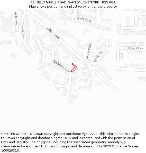 23, FIELD MAPLE ROAD, WATTON, THETFORD, IP25 6GA: Location map and indicative extent of plot