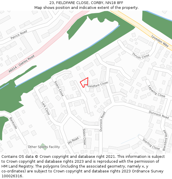 23, FIELDFARE CLOSE, CORBY, NN18 8FF: Location map and indicative extent of plot