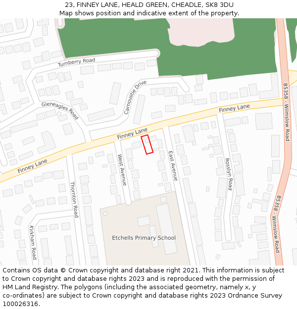 23, FINNEY LANE, HEALD GREEN, CHEADLE, SK8 3DU: Location map and indicative extent of plot