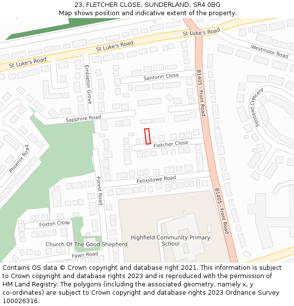 23, FLETCHER CLOSE, SUNDERLAND, SR4 0BG: Location map and indicative extent of plot
