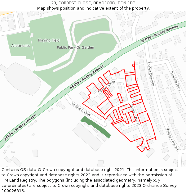 23, FORREST CLOSE, BRADFORD, BD6 1BB: Location map and indicative extent of plot