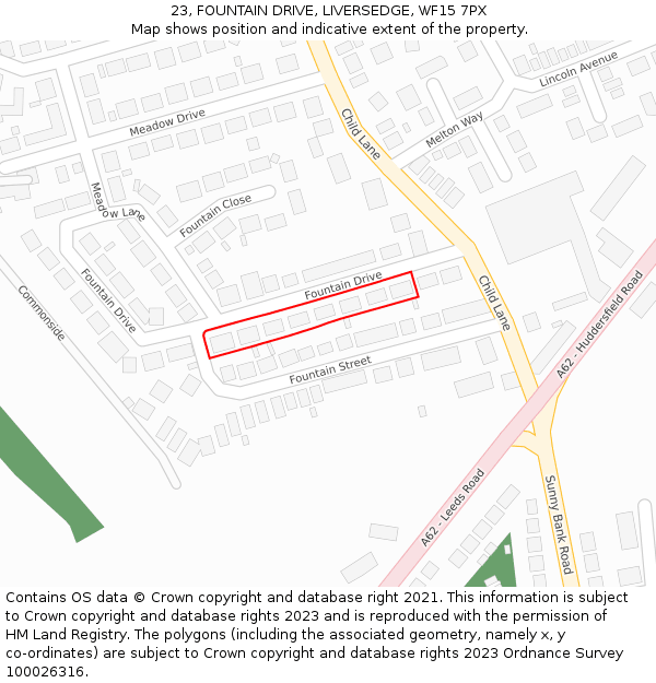 23, FOUNTAIN DRIVE, LIVERSEDGE, WF15 7PX: Location map and indicative extent of plot