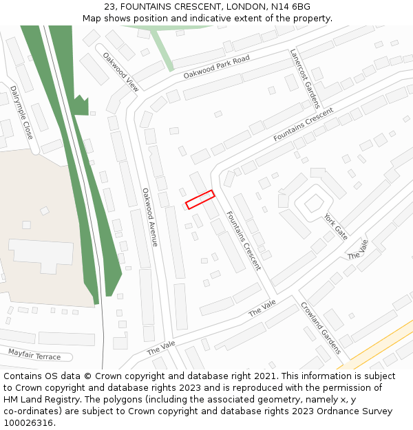 23, FOUNTAINS CRESCENT, LONDON, N14 6BG: Location map and indicative extent of plot