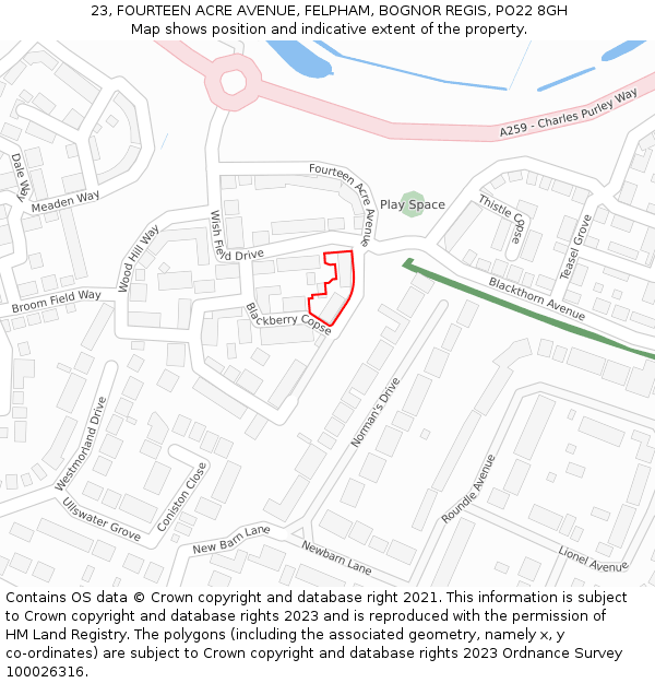 23, FOURTEEN ACRE AVENUE, FELPHAM, BOGNOR REGIS, PO22 8GH: Location map and indicative extent of plot