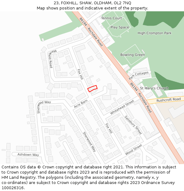 23, FOXHILL, SHAW, OLDHAM, OL2 7NQ: Location map and indicative extent of plot