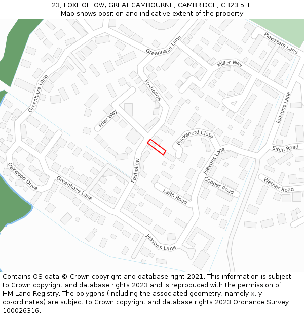 23, FOXHOLLOW, GREAT CAMBOURNE, CAMBRIDGE, CB23 5HT: Location map and indicative extent of plot