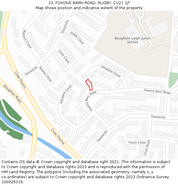 23, FOXONS BARN ROAD, RUGBY, CV21 1JT: Location map and indicative extent of plot