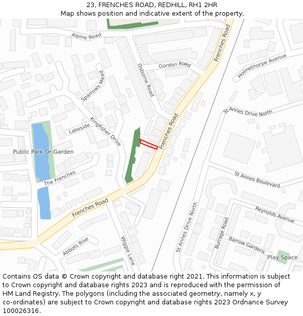 23, FRENCHES ROAD, REDHILL, RH1 2HR: Location map and indicative extent of plot