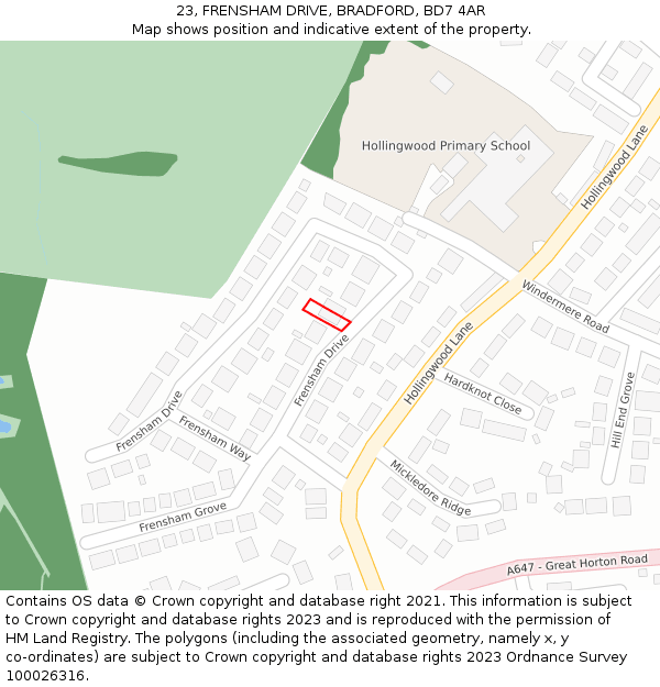 23, FRENSHAM DRIVE, BRADFORD, BD7 4AR: Location map and indicative extent of plot