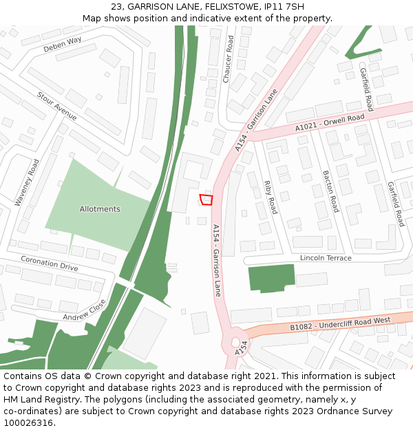 23, GARRISON LANE, FELIXSTOWE, IP11 7SH: Location map and indicative extent of plot