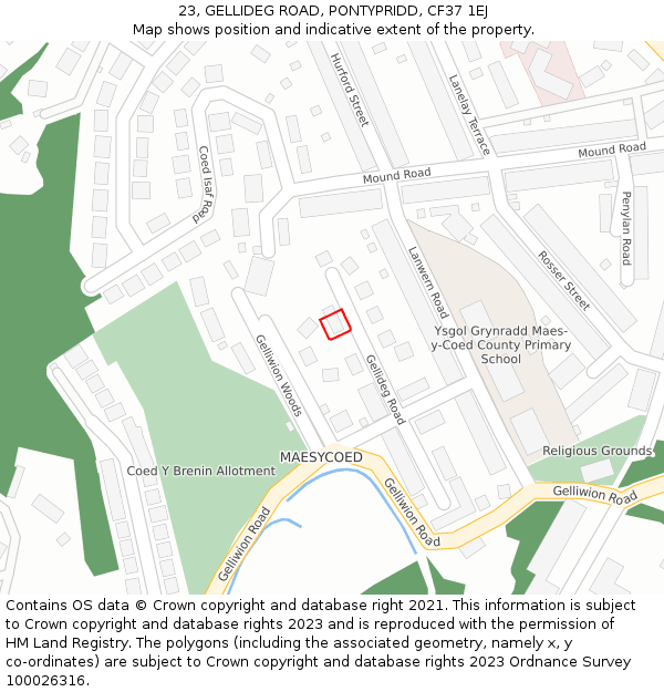 23, GELLIDEG ROAD, PONTYPRIDD, CF37 1EJ: Location map and indicative extent of plot