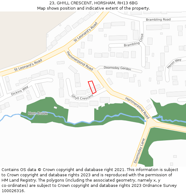 23, GHYLL CRESCENT, HORSHAM, RH13 6BG: Location map and indicative extent of plot