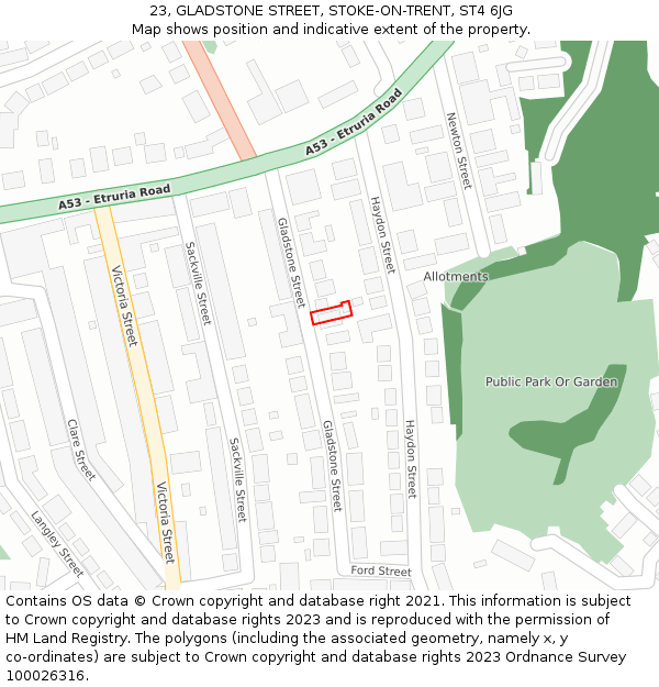 23, GLADSTONE STREET, STOKE-ON-TRENT, ST4 6JG: Location map and indicative extent of plot