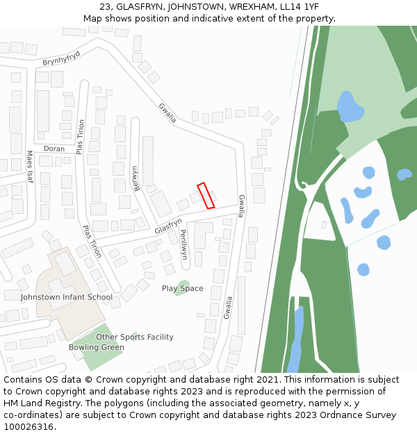 23, GLASFRYN, JOHNSTOWN, WREXHAM, LL14 1YF: Location map and indicative extent of plot