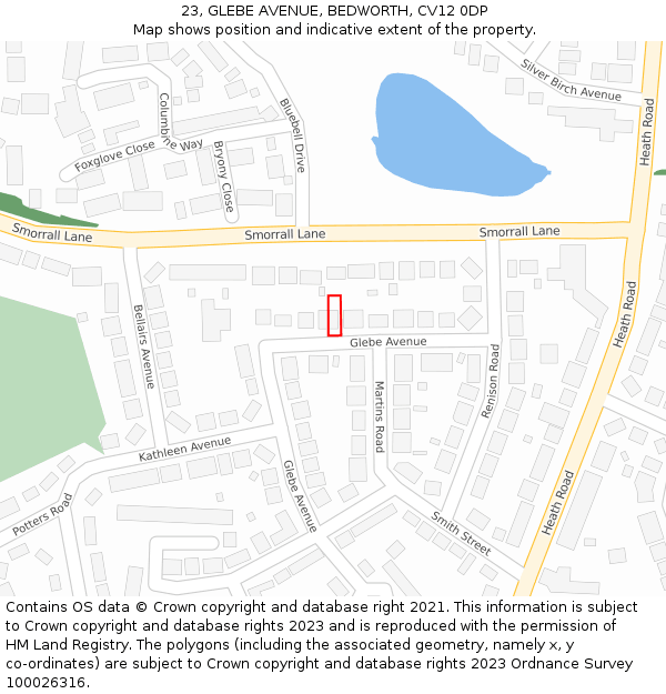 23, GLEBE AVENUE, BEDWORTH, CV12 0DP: Location map and indicative extent of plot