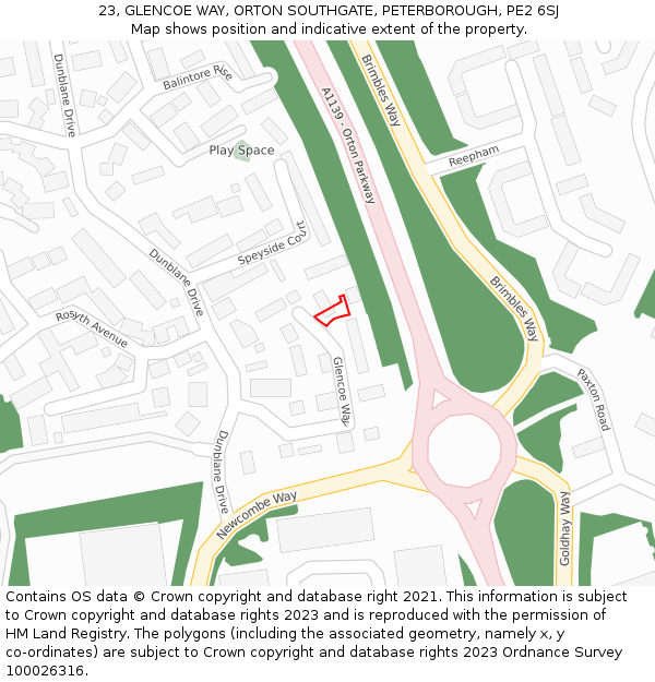 23, GLENCOE WAY, ORTON SOUTHGATE, PETERBOROUGH, PE2 6SJ: Location map and indicative extent of plot