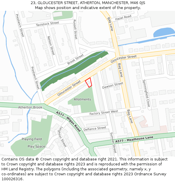 23, GLOUCESTER STREET, ATHERTON, MANCHESTER, M46 0JS: Location map and indicative extent of plot