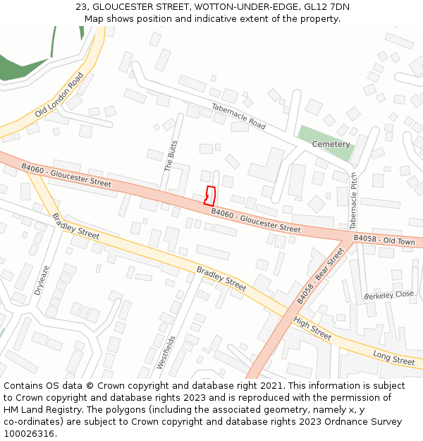 23, GLOUCESTER STREET, WOTTON-UNDER-EDGE, GL12 7DN: Location map and indicative extent of plot