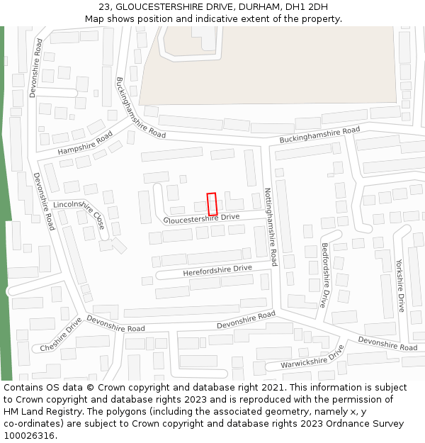 23, GLOUCESTERSHIRE DRIVE, DURHAM, DH1 2DH: Location map and indicative extent of plot