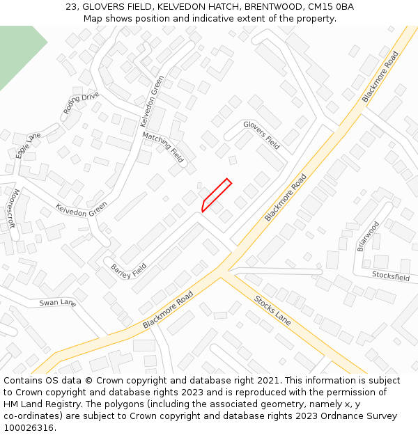 23, GLOVERS FIELD, KELVEDON HATCH, BRENTWOOD, CM15 0BA: Location map and indicative extent of plot