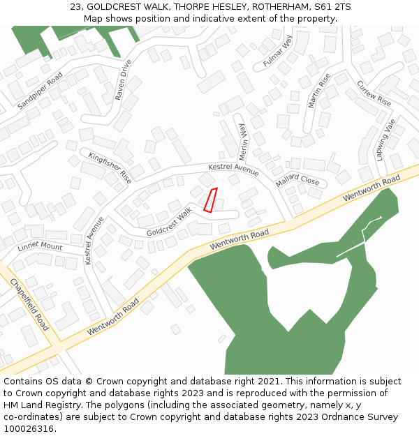 23, GOLDCREST WALK, THORPE HESLEY, ROTHERHAM, S61 2TS: Location map and indicative extent of plot