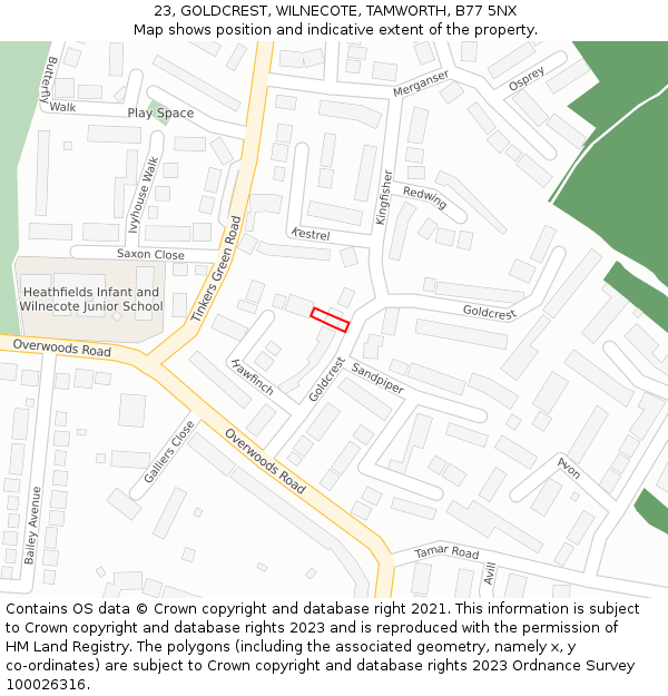 23, GOLDCREST, WILNECOTE, TAMWORTH, B77 5NX: Location map and indicative extent of plot