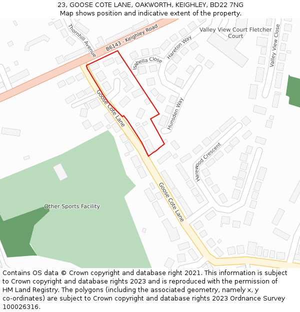 23, GOOSE COTE LANE, OAKWORTH, KEIGHLEY, BD22 7NG: Location map and indicative extent of plot