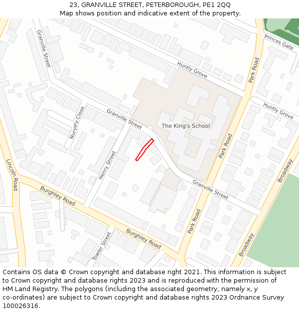 23, GRANVILLE STREET, PETERBOROUGH, PE1 2QQ: Location map and indicative extent of plot