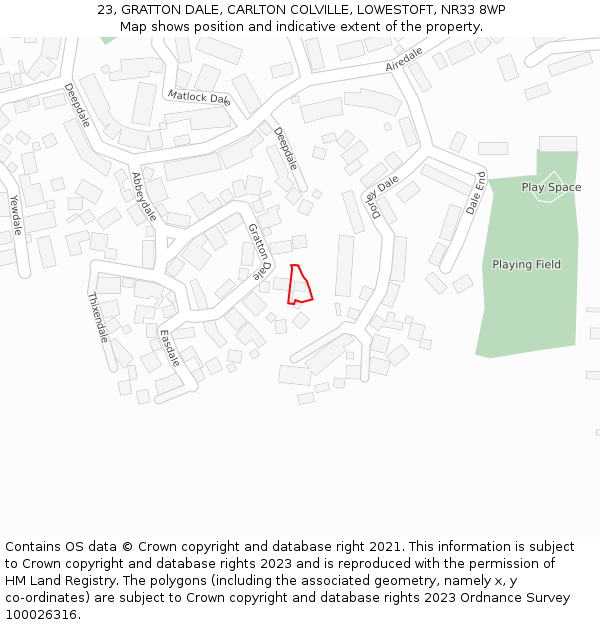 23, GRATTON DALE, CARLTON COLVILLE, LOWESTOFT, NR33 8WP: Location map and indicative extent of plot