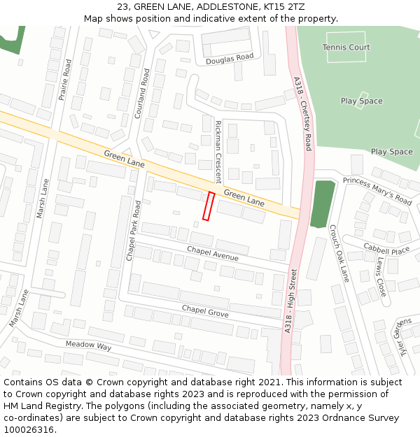 23, GREEN LANE, ADDLESTONE, KT15 2TZ: Location map and indicative extent of plot