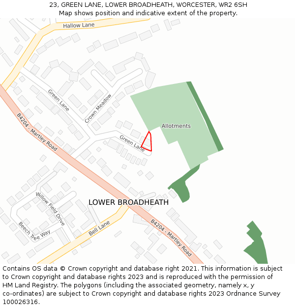 23, GREEN LANE, LOWER BROADHEATH, WORCESTER, WR2 6SH: Location map and indicative extent of plot