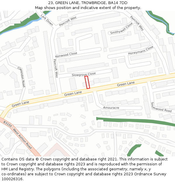 23, GREEN LANE, TROWBRIDGE, BA14 7DD: Location map and indicative extent of plot