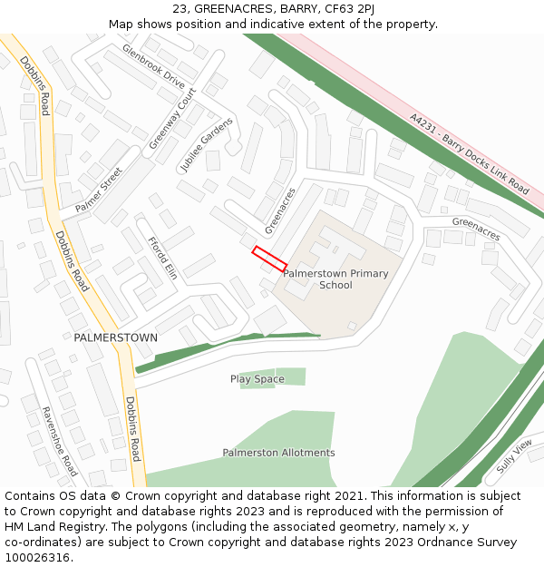 23, GREENACRES, BARRY, CF63 2PJ: Location map and indicative extent of plot