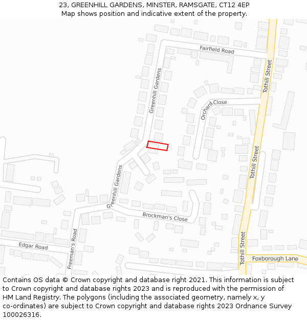 23, GREENHILL GARDENS, MINSTER, RAMSGATE, CT12 4EP: Location map and indicative extent of plot