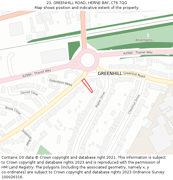 23, GREENHILL ROAD, HERNE BAY, CT6 7QG: Location map and indicative extent of plot