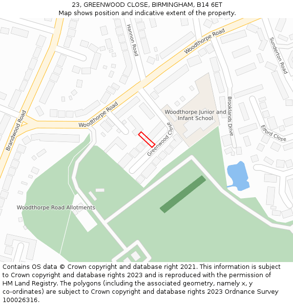 23, GREENWOOD CLOSE, BIRMINGHAM, B14 6ET: Location map and indicative extent of plot