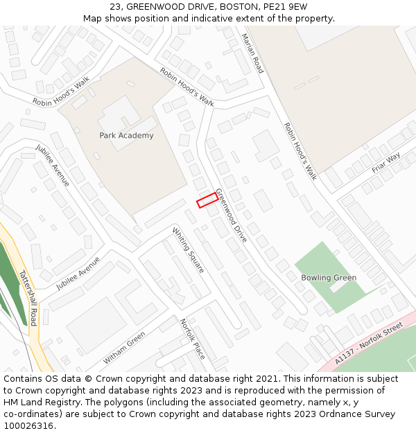 23, GREENWOOD DRIVE, BOSTON, PE21 9EW: Location map and indicative extent of plot