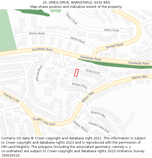 23, GRIEG DRIVE, BARNSTAPLE, EX32 8AG: Location map and indicative extent of plot