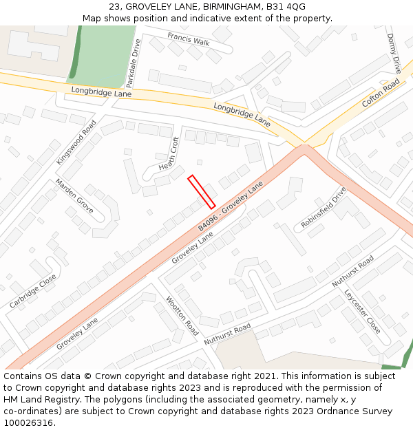 23, GROVELEY LANE, BIRMINGHAM, B31 4QG: Location map and indicative extent of plot