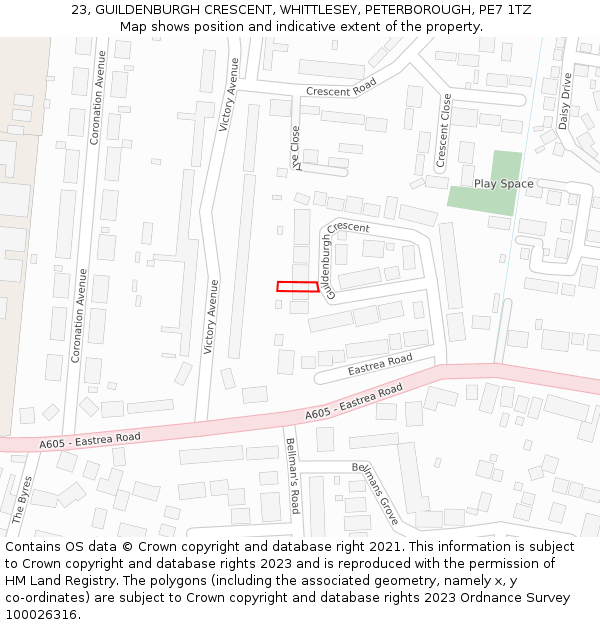 23, GUILDENBURGH CRESCENT, WHITTLESEY, PETERBOROUGH, PE7 1TZ: Location map and indicative extent of plot