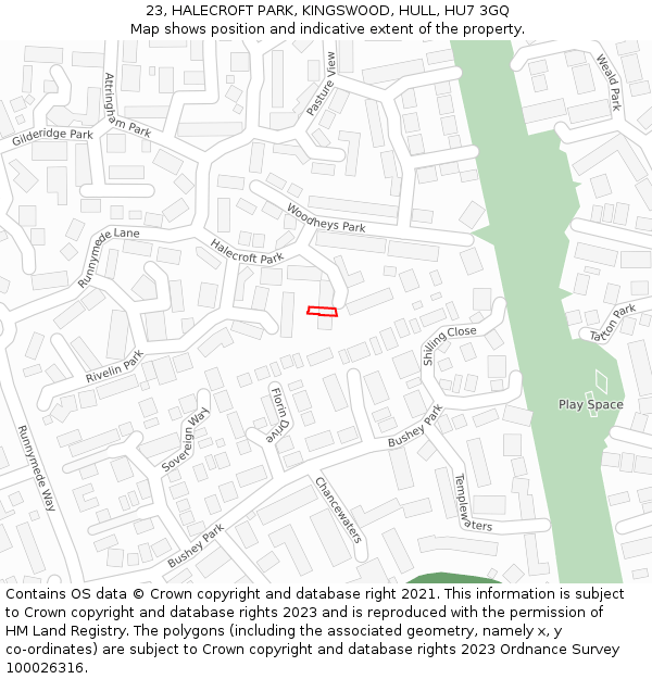 23, HALECROFT PARK, KINGSWOOD, HULL, HU7 3GQ: Location map and indicative extent of plot