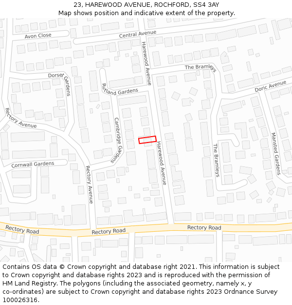 23, HAREWOOD AVENUE, ROCHFORD, SS4 3AY: Location map and indicative extent of plot