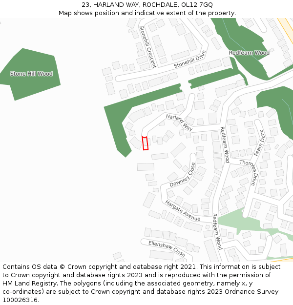 23, HARLAND WAY, ROCHDALE, OL12 7GQ: Location map and indicative extent of plot